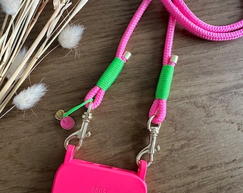 Mobile phone chain * Smiley * made of rope in neon pink - green - gold with smiley charm pendant | Cell phone strap to change