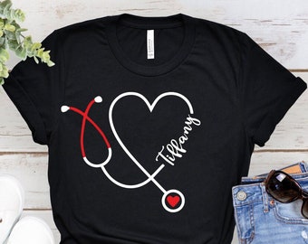 Custom Nurse Shirt, Personalized Nurse T-Shirt, Nurse Name Tees, Student Gift, Nurse Graduate Gift, Heart Stethoscope Tops, Nursing School