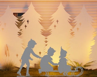 Kids On Sleigh Christmas Template Printable || Trace And Cut Christmas Tree Silhouette || Outdoor Christmas Stencils Yard Decor Christmas