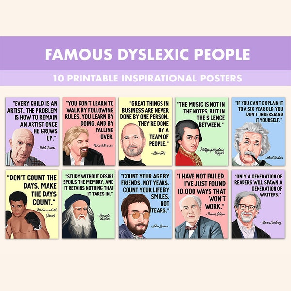 Posters imprimables de personnes dyslexiques célèbres || 10 impressions de citations sur la dyslexie inspirantes pour la classe pastel || Mois de la sensibilisation à la dyslexie