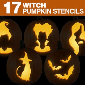 Witch Pumpkin Stencils || Printable Witch Pumpkin Carving Stencils Set ...