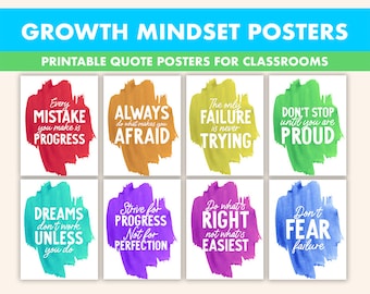 Watercolor Growth Mindset Posters || 8 Inspiration Quote Posters for Classroom || Colourful Growth Mindset Prints || Rainbow Quote Posters