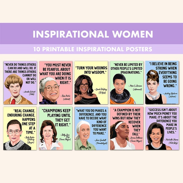 Inspirational Women Printable Posters || 10 Inspiration Women Quote Posters for Classroom Pastel | Womens History Month Inspirational Quotes