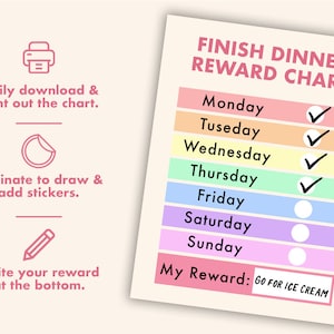 May include: A printable chart with a rainbow color scheme to help children finish dinner. The chart has a checkmark for each day of the week, Monday through Thursday. The reward for finishing dinner is "GO FOR ICE CREAM".