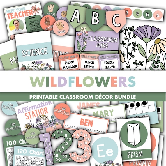 Wildflowers Classroom Decor Bundle || Editable Classroom Printable Display Bundle PowerPoint Templates Calm Wildflower Theme Garden