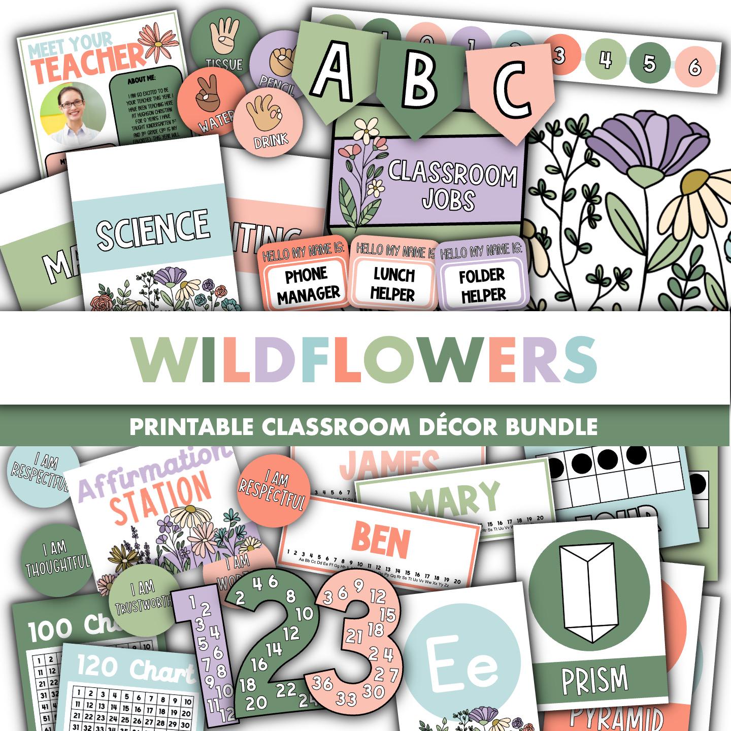 Wildflowers Classroom Decor Bundle || Editable Classroom Printable Display Bundle PowerPoint Templates Calm Wildflower Theme Garden