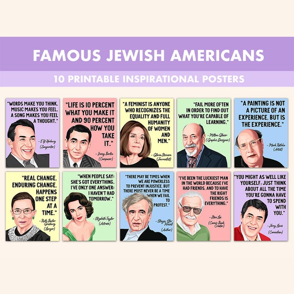 Famous Jewish Americans Printable Posters || 10 Inspiration Jewish Quote Posters for Classroom Pastel || Jewish American Heritage Month