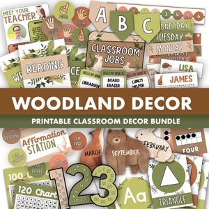 Woodland Classroom Decor Bundle || Editable Classroom Printable Display Bundle PowerPoint Templates Green Nature Woodland Animals Theme