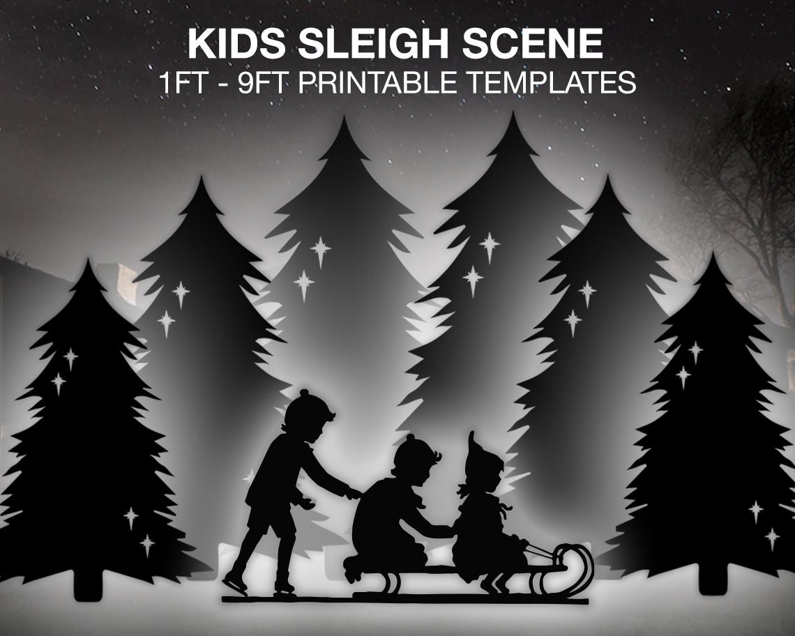 kids-on-sleigh-christmas-template-printable-trace-and-cut-christmas-tree-silhouette-outdoor-christmas-stencils-yard-decor-christmas-etsy