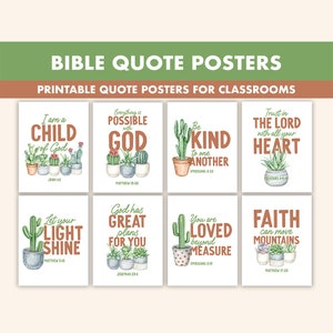 Kaktus Bibel Zitat Poster || 8 Inspirierende Grüne Bibel Verse Wandkunst für das Klassenzimmer | Grüne christliche Drucke || Greenery Bibelstellen