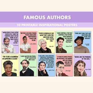 Carteles imprimibles de autores famosos / 10 carteles inspiradores de citas de autores para el aula Pastel / Citas icónicas de autores para citas literarias escolares