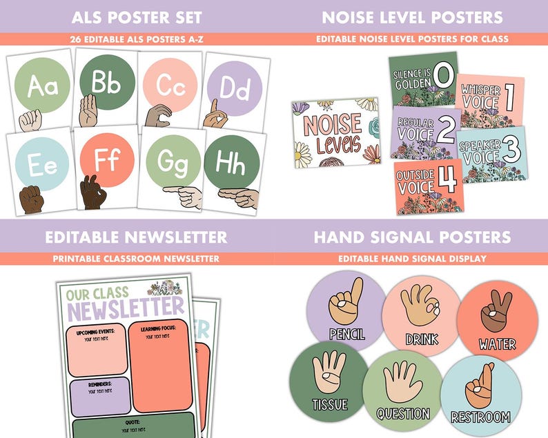 Peut inclure: Un ensemble d'affiches de classe imprimables pour enseigner le langage des signes, les niveaux de bruit et les signaux manuels. Les affiches pr&eacute;sentent des illustrations color&eacute;es et du texte modifiable.