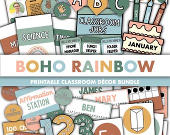 Boho Rainbow Classroom Decor Bundle || Editable Classroom Printable Display Bundle PowerPoint Templates Calm Boho Rainbow Theme