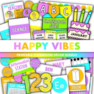 Happy Vibes Classroom Decor Bundle || Editable Classroom Printable Display Bundle PowerPoint Templates Bright Color Theme Fun Multicolor