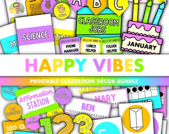Happy Vibes Classroom Decor Bundle || Editable Classroom Printable Display Bundle PowerPoint Templates Bright Color Theme Fun Multicolor