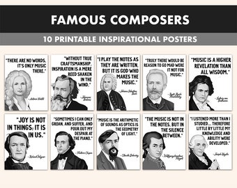 Könnte beinhalten: Ein Satz von zehn druckbaren inspirierenden Postern mit Porträts berühmter Komponisten und Zitaten über Musik. Die Poster sind schwarz-weiß mit fettem Text. Der Titel "FAMOUS COMPOSERS" steht oben.