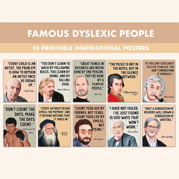 Posters imprimables de personnes dyslexiques célèbres || 10 impressions de citations sur la dyslexie pour une classe bohème || Mois de la sensibilisation à la dyslexie