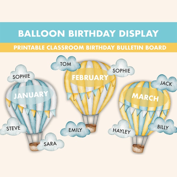 Hot Air Balloon Birthday Bulletin Board Kit || Birthday Display Bulletin Boards || Balloon Bulletin Board | Birthday Balloon Classroom Decor