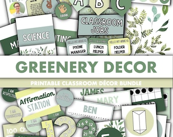 Greenery Classroom Decor Bundle || Editable Classroom Printable Display Bundle PowerPoint Templates Green Nature Sage Eucalyptus Theme