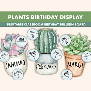 Kit de tableau d'affichage anniversaire plantes || Tableaux d'affichage d'anniversaire de succulentes || Tableau d'affichage cactus imprimable | Anniversaire Classe