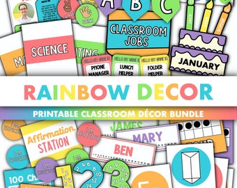 Paquete de decoración para el aula con arcoíris // Paquete de plantillas de PowerPoint para exhibiciones imprimibles y editables para el aula con un tema de arcoíris colorido, divertido y brillante