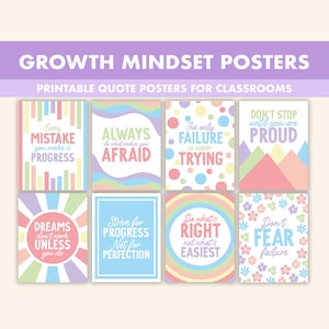 Pastell-Wachstums-Mindset-Poster || 8 Inspiration Zitate Poster für das Klassenzimmer || Wachstum Mindset Drucke || Pastell Positive Affirmation Poster