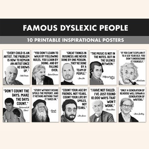 Famous Dyslexic People Printable Posters || 10 Inspiration Dyslexia Quote Prints for Classroom B&W || Dyslexia Awareness Month