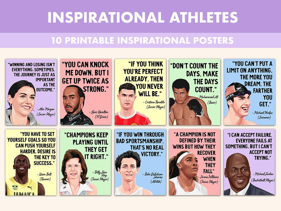 Inspirational Athletes Printable Posters 10 Inspiration Quote Posters for Classroom Pastel