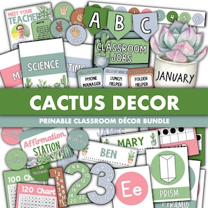 Cactus Classroom Decor Bundle || Editable Classroom Printable Display Bundle PowerPoint Templates Green Nature Cactus Desert Theme