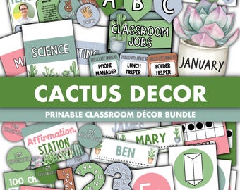 May include: A printable classroom decor bundle featuring a cactus theme. The set includes alphabet letters, classroom jobs, numbers, shapes, and more. The colors are green, pink, and blue.