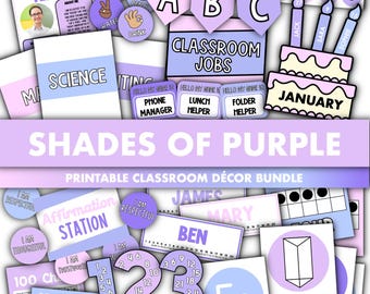 Shades of Purple Classroom Decor Bundle || Editable Classroom Printable Display Bundle PowerPoint Templates Light Purple Theme Violet