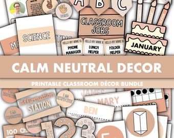 Calm Neutral Classroom Decor Bundle || Editable Classroom Printable Display Bundle PowerPoint Templates Calm Brown Theme Modern