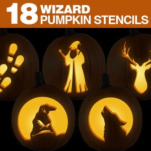 Plantillas de calabaza de mago // Conjunto de plantillas de tallado de calabaza de mago imprimibles // Plantilla de calabaza de Halloween para niños