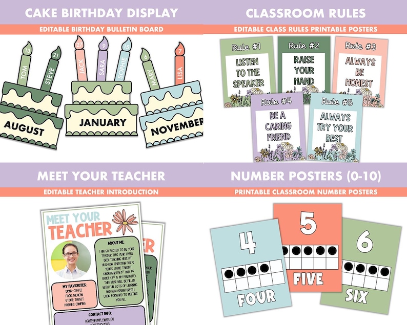 Peut inclure: Un ensemble d'affiches de classe imprimables comprenant un affichage d'anniversaire de g&acirc;teau, des r&egrave;gles de classe, une affiche pour rencontrer votre professeur et des affiches de nombres. Les affiches sont d&eacute;cor&eacute;es d'un th&egrave;me floral et pr&eacute;sentent des couleurs pastel.