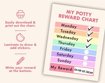 May include: A colorful potty reward chart with the text "MY POTTY REWARD CHART". The chart has sections for each day of the week, with checkmarks indicating completed tasks. The bottom of the chart reads "My Reward: GO FOR ICE CREAM".