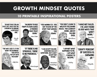Famous Growth Minset Quotes Printable Posters || 10 Growth Mindset Prints for Classroom Decor B&W || Growth Mindset Posters Empowering