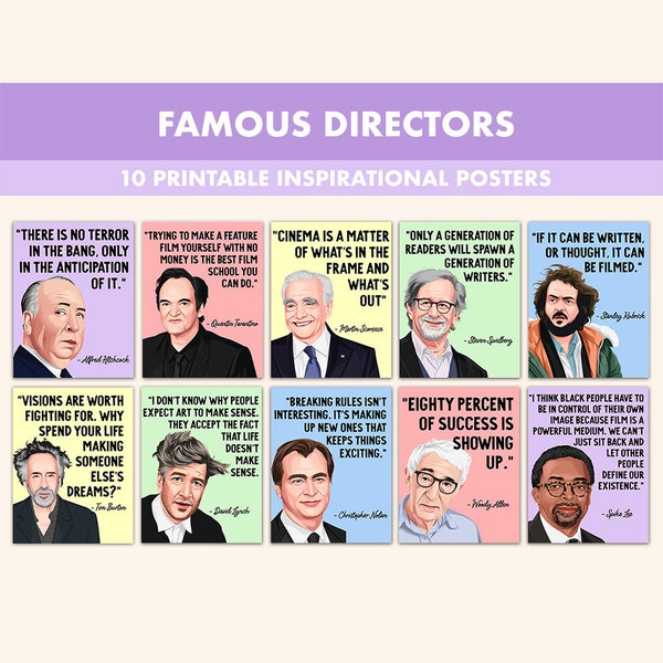 Famous Movie Directors Printable Posters || 10 Inspiration Director Quote Prints for Film Classroom Pastel || Iconic Director Posters
