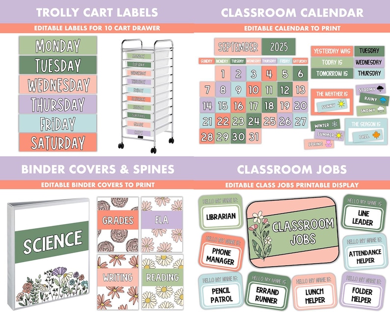 Peut inclure: Un ensemble de d&eacute;corations de classe imprimables comprenant un calendrier de classe, des &eacute;tiquettes pour chariot de classe, des couvertures de classeur et des cartes de t&acirc;ches de classe. Le design pr&eacute;sente un th&egrave;me floral avec des couleurs vertes, roses et bleu clair.