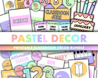 Pastel Classroom Decor Bundle || Editable Classroom Printable Display Bundle PowerPoint Templates Calm Rainbow Pastel Theme