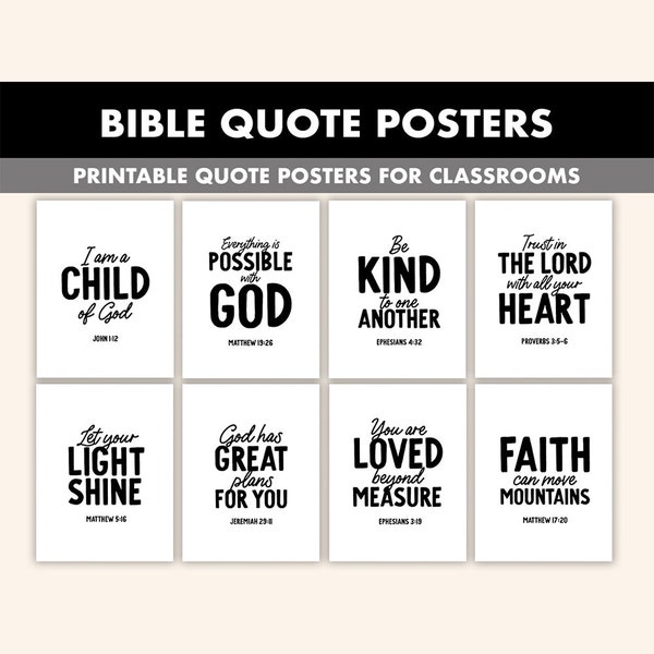 Bible Quote Posters || 8 Inspirational Bible Verse Wall Art for Classroom || Black and White Christian Prints || Classroom Bible Quotes