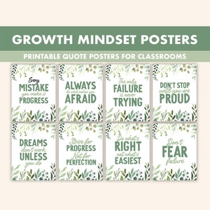 Green Botanicals Wachstum Mindset Poster || 8 Inspiration Zitate Poster für das Klassenzimmer || Wachstum Mindset Drucke || Poster Eukalyptus