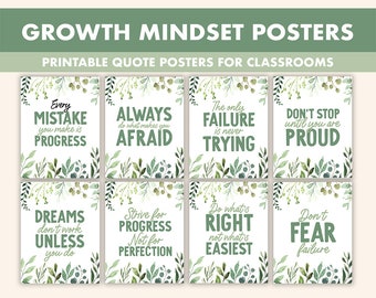 May include: Eight printable posters with green watercolour foliage borders and motivational quotes for classrooms. The quotes are: "Every mistake you make is progress", "Always do what makes you afraid", "The only failure is never trying", "Don't stop until you are proud", "Dreams don't work unless you do", "Strive for progress not for perfection", "Do what's right not what's easiest", and "Don't fear failure".