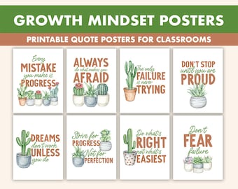 May include: A collection of eight printable quote posters for classrooms. Each poster features a watercolor illustration of cacti or succulents with motivational phrases such as "Every mistake you make is progress" and "Don't stop until you are proud."