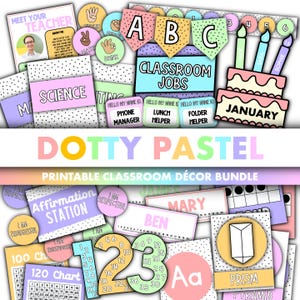 Dotty Pastel Classroom Decor Bundle || Editable Classroom Printable Display Bundle PowerPoint Templates Rainbow Pastel Calm Theme Bright