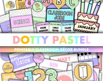 Dotty Pastel Classroom Decor Bundle || Editable Classroom Printable Display Bundle PowerPoint Templates Rainbow Pastel Calm Theme Bright