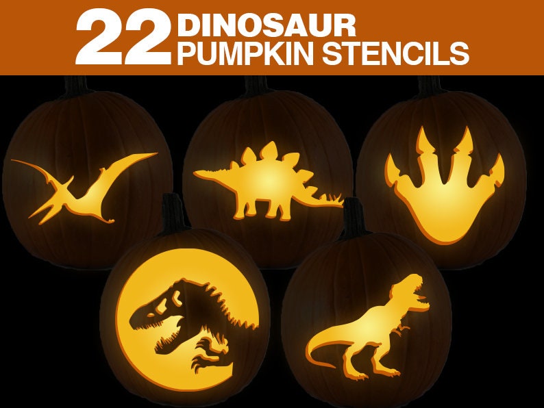 May include: 22 Dinosaur Pumpkin Stencils.  Five pumpkins are shown with different dinosaur silhouettes carved into them.  The silhouettes include a stegosaurus, a pterodactyl, a T-Rex, a dinosaur footprint, and a T-Rex head.