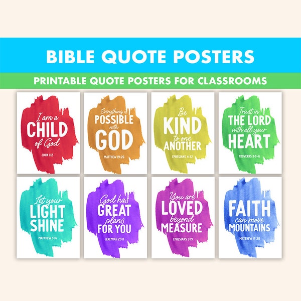 Watercolor Bible Quote Posters || 8 Inspirational Bible Verse Wall Art for Classroom || Colourful Christian Prints || Rainbow Bible Quotes