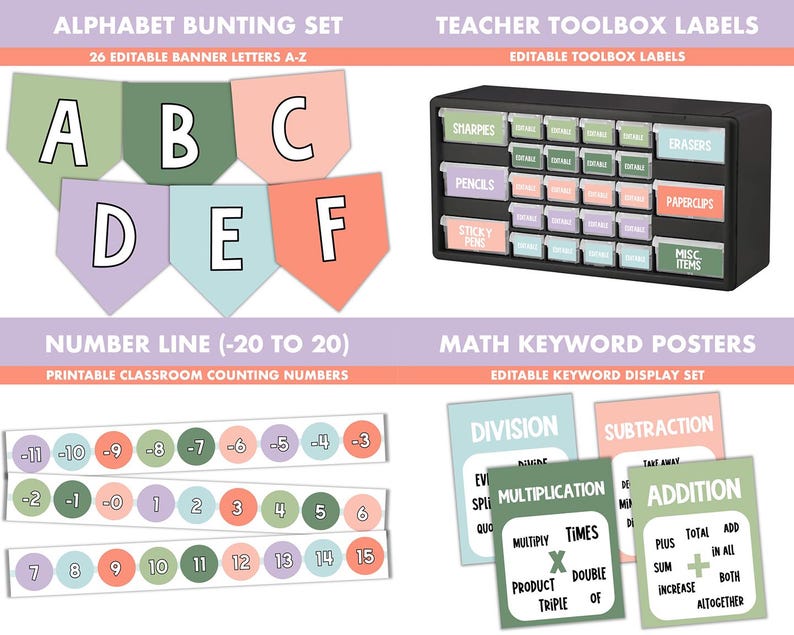 Peut inclure: Un ensemble de d&eacute;corations de classe imprimables comprenant une guirlande alphab&eacute;tique, une ligne num&eacute;rique et des affiches de mots-cl&eacute;s math&eacute;matiques. La guirlande alphab&eacute;tique pr&eacute;sente des fanions de couleur pastel avec les lettres A &agrave; F. La ligne num&eacute;rique pr&eacute;sente des cercles avec les nombres -11 &agrave; 15. Les affiches de mots-cl&eacute;s math&eacute;matiques pr&eacute;sentent des cartes vertes, bleues et roses avec des termes math&eacute;matiques tels que l'addition, la soustraction, la multiplication et la division.