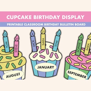 Kit de tablón de anuncios de cumpleaños de cupcakes // Tablones de anuncios de exhibición de cumpleaños // Tablón de anuncios de cupcakes imprimible / Decoración del aula de pastel de cumpleaños