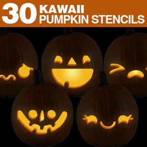 May include: Five carved pumpkins with different kawaii faces. The pumpkins are lit from inside, making the faces glow. The text "30 KAWAII PUMPKIN STENCILS" is at the top of the image.